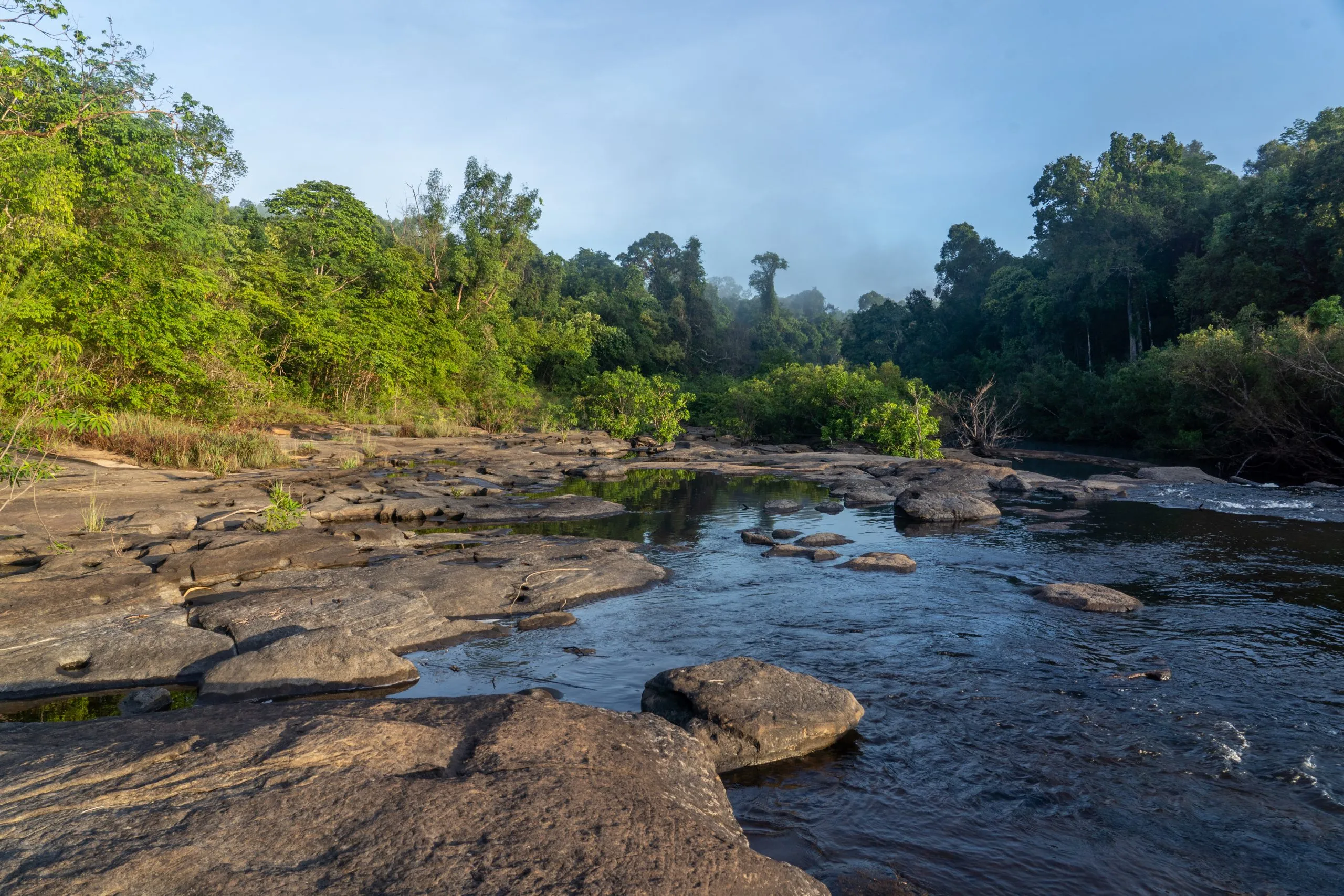 A river winds through the rainforest in the Cardamom Mountains, Cambodia.