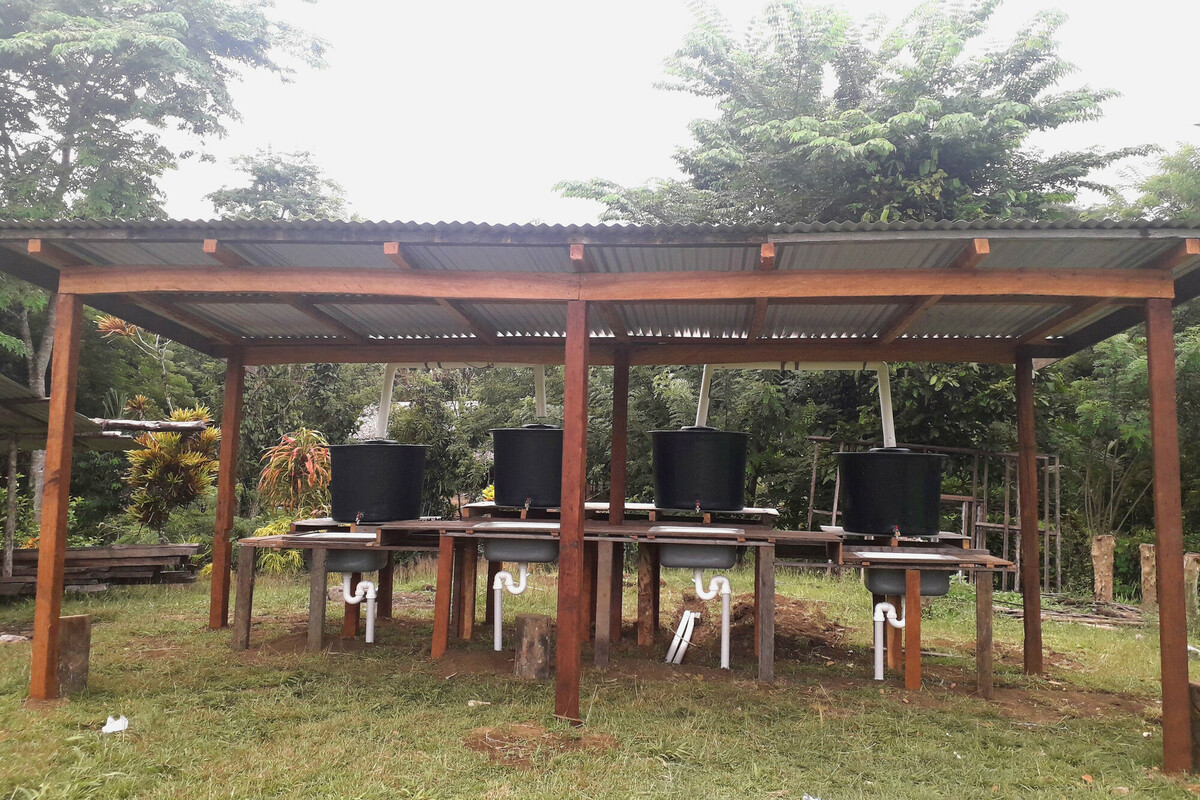 A hand washing station in a Papua New Guinea rainforest community. 