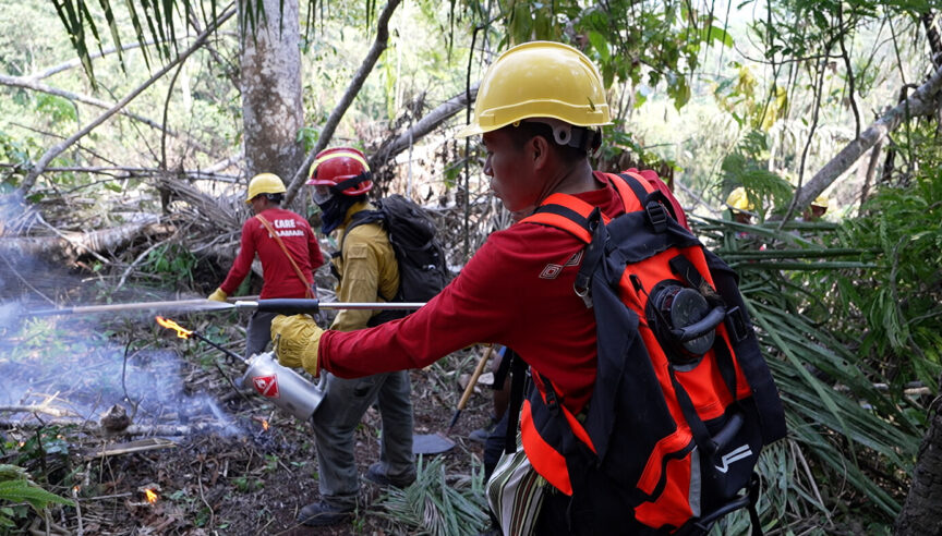 Des membres de la brigade PAAMARI utilisent des outils de lutte contre les incendies lors d'un exercice de brûlage contrôlé.